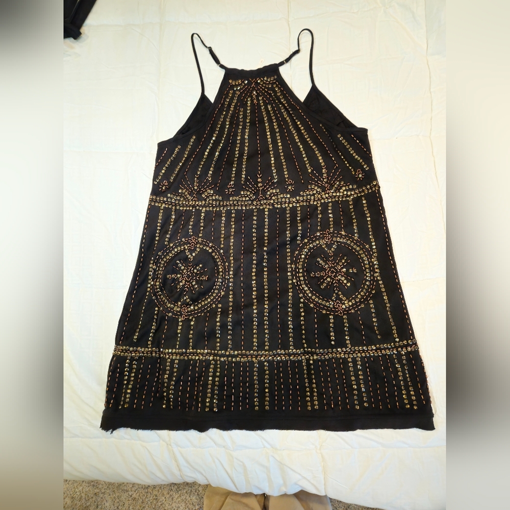 Free People Beaded Slip Dress Black Embellished Mini Tunic Size SP - Picture 6 of 12